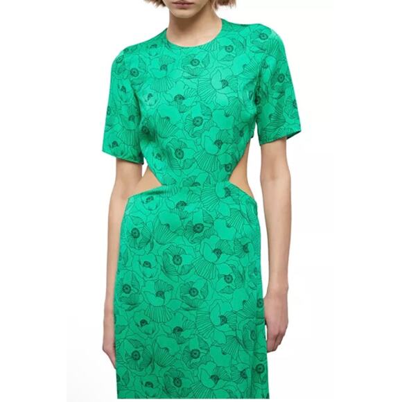 The Kooples Graphic Poppies Cutout Midi Green Dress size Medium New with Tags - Picture 2 of 8